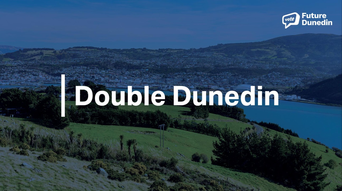 A scenic wide-angle photo of Dunedin taken from a hilltop, showing lush green grass in the foreground and the cityscape nestled between hills and the Otago Harbour in the background. Overlay text reads “Double Dunedin” in bold white font, with the Future Dunedin logo in the top-right corner.
